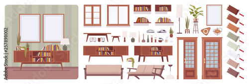 Living room interior, home, office creation set, lounge relaxing area kit with furniture, constructor elements to build your own design. Cartoon flat style infographic illustration and color palette