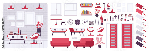 Living room modern interior, home, office creation set, lounge space kit with red furniture, constructor elements to build your own design. Cartoon flat style infographic illustration, color palette