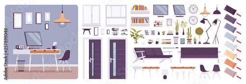 Workplace modern interior, home or office room creation set, working space kit with furniture, constructor elements to build your own design. Cartoon flat style infographic illustration, color palette