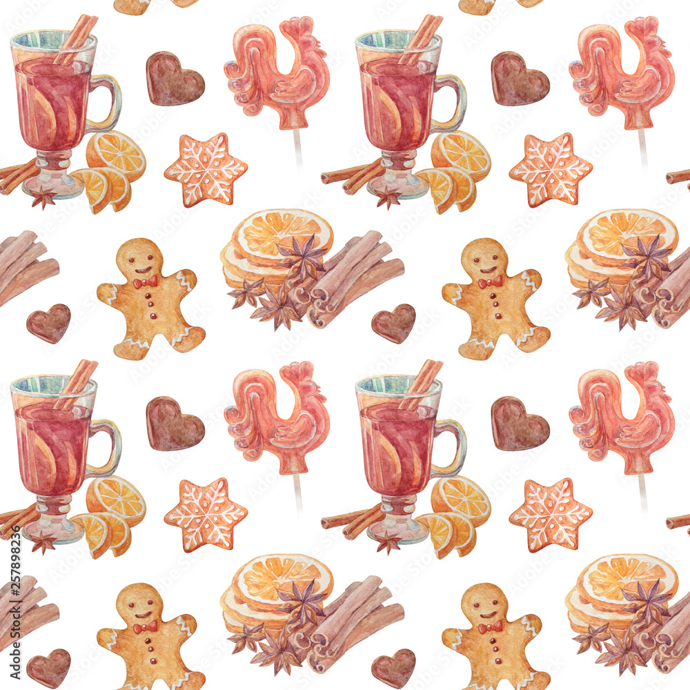 custom made wallpaper toronto digitalWatercolor christmas seamless pattern. Mulled wine, candy and gingerbread man. 