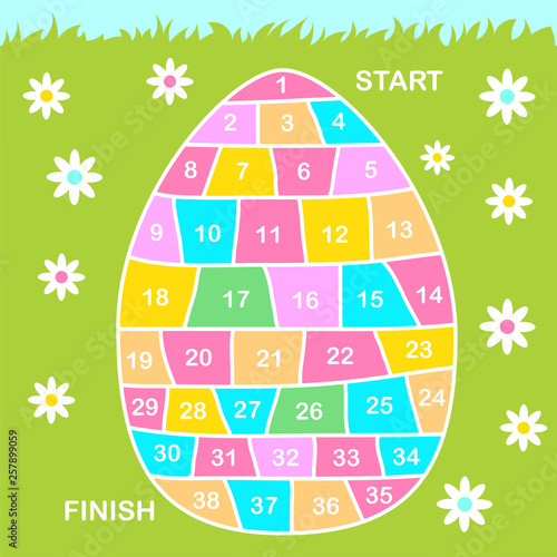 Vector cartoon style illustration of kids Easter board game with holiday symbols. Template for print.