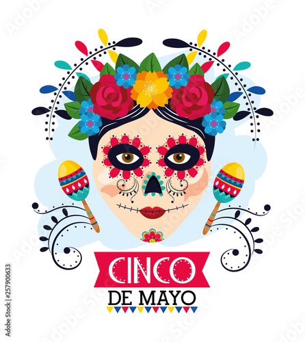 woman skull with flowers decoration and maracas