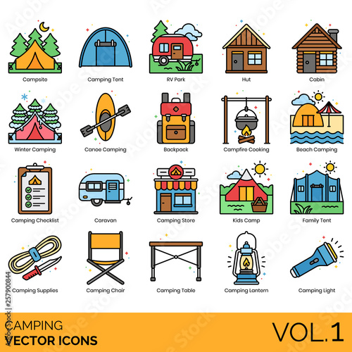 Camping icons including campsite, tent, RV park, hut, cabin, winter, canoe, backpack, campfire cooking, beach, checklist, caravan, store, kids camp, family, supplies, chair, table, lantern, light.