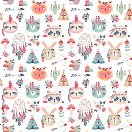 Seamless pattern with Cute Woodland boho tribal pattern, rabbit, owl, sloth, panda,bear. American indian set of