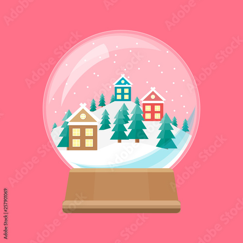 Cartoon Snow Globe with Winter Village. Vector