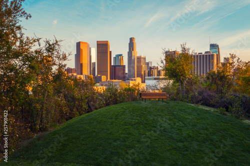 Spectacular view of downtown Los Angeles from the beautiful recreation area with green grass and a bench.