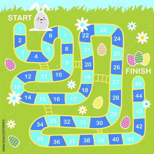 Vector cartoon style illustration of kids Easter board game with holiday symbols. Template for print.