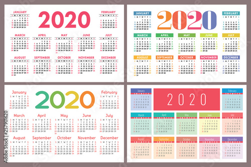 Calendar 2020 vector pocket grid. Simple design template Calender set. Collection