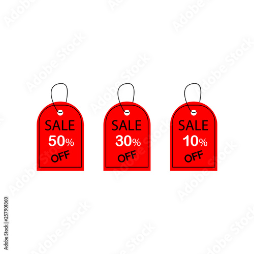 sale for business and promotion. Vector illustration. Set of 3 colored tags with discount in red color, Isolated on white background