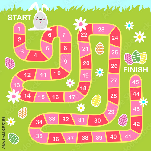 Vector cartoon style illustration of kids Easter board game with holiday symbols. Template for print.