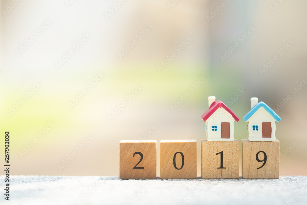 Two miniature house model on wooden block number of year 2019. Two miniature house model on wooden block number of year 2019.