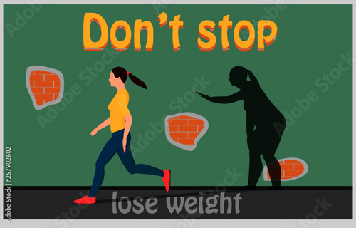 Woman runs along the wall. The woman runs, and her fat shadow is tired and cannot run.