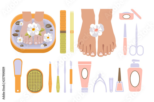 Pedicure set, female feet in spa bowl with flower and tools for a pedicure, beauty and spa salon vector Illustration
