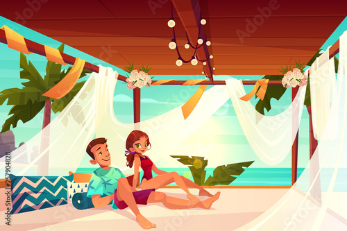 Honeymoon in luxury hotel on tropical resort cartoon vector. Happy couple in love relaxing, resting on comfortable terrace on seashore or beach illustration. Summer vacation in exotic country concept