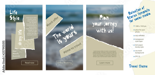 Trendy easy editable template for social media stories in torn paper style. Travel theme Creative design background for individual and corporate web promotion, blogs
