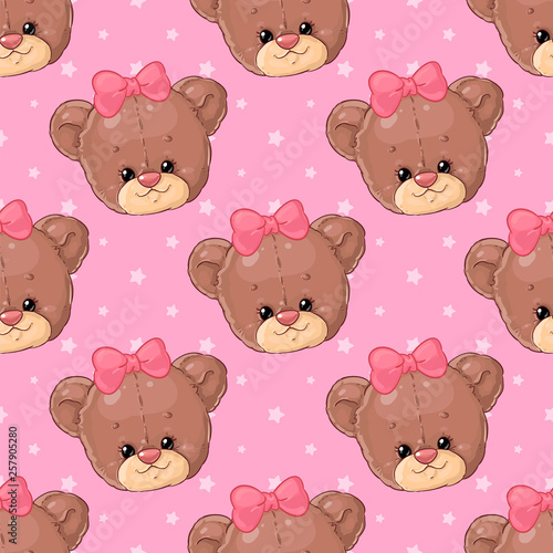 Teddy bear girl with hearts pattern. Cute children's design.
