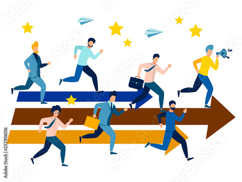 Office employees run on the shooter, striving for a goal. Sport. In minimalist style Cartoon flat Vector