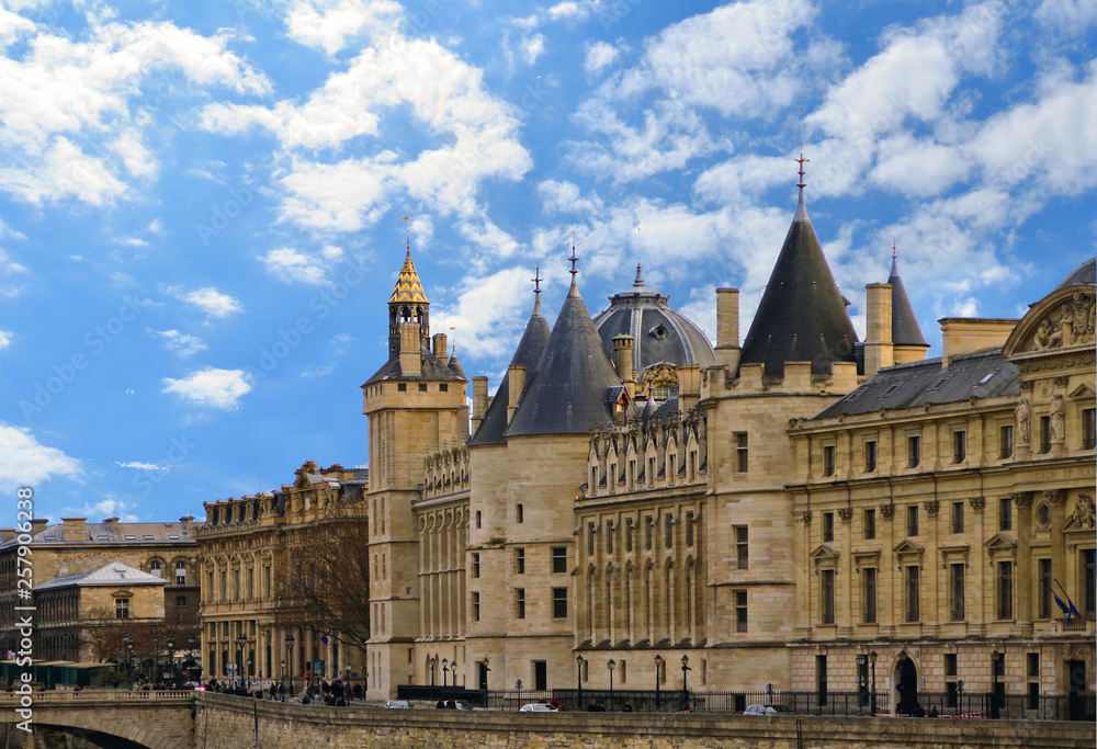 Castle Conciergerie - former royal palace and prison. Conciergerie located on the west of the Cite Island and today it is part of Palais de Justice. Paris, France.  