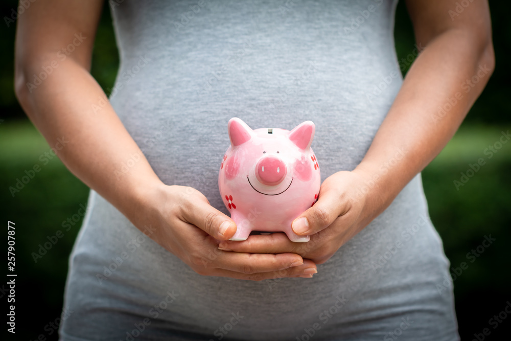 Women is pregnant hold a pig bank in the public park, a saving money for future investment concept. Women is pregnant hold a pig bank in the public park, a saving money for future investment concept.