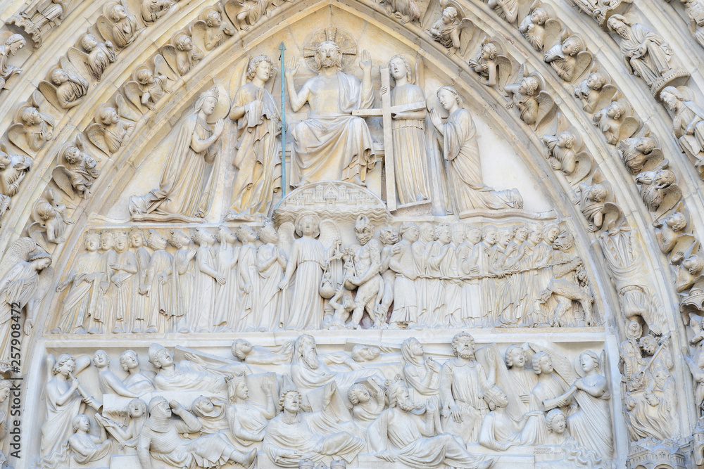 PARIS-FRANCE-FEB 24, 2019: Notre Dame Cathedral Facade Close up detail at Paris, France.