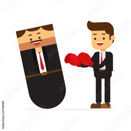 Business man in boxing gloves having a fight with boss