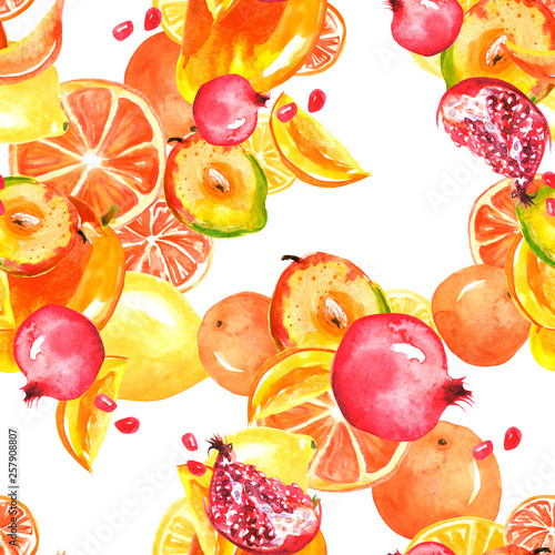 Fototapeta Naklejka Na Ścianę i Meble -  Vintage seamless pattern with watercolors - from tropical fruit, citrus spray, lemon, pomegranate, orange, mango fruit, paint splash. Bright fashionable watercolor background. Citrus Tropical Fruit
