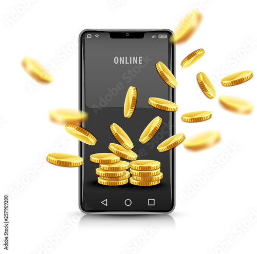 Smartphone with gold coins. Concept for modern mobile It technology for business online in internet. Realistic, isolated white background. Eps10 vector illustration.