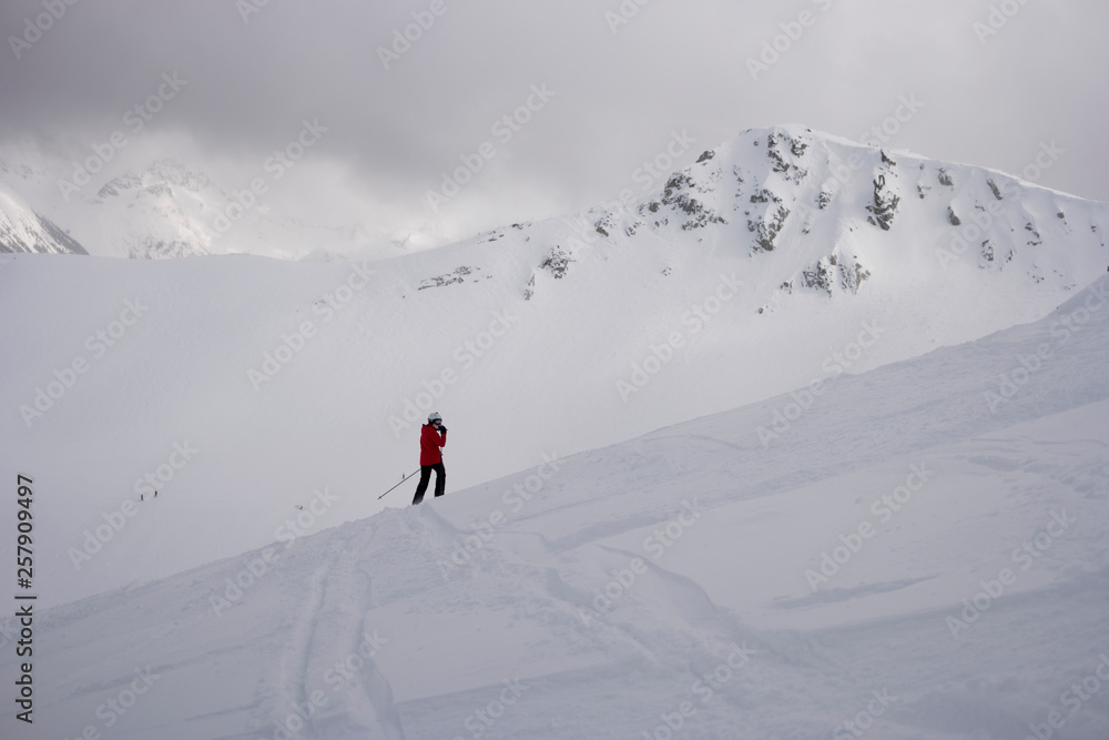 Skier in snow, Whistler, British Columbia, Canada