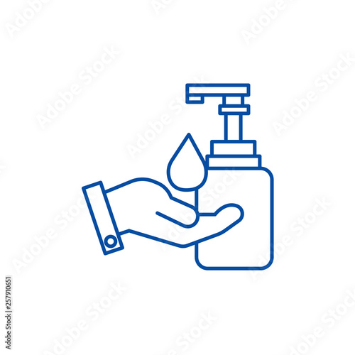 Liquid soap with hand line concept icon. Liquid soap with hand flat  vector website sign, outline symbol, illustration.