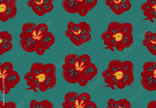 Vector seamless pattern with vivid orchids. Green background.