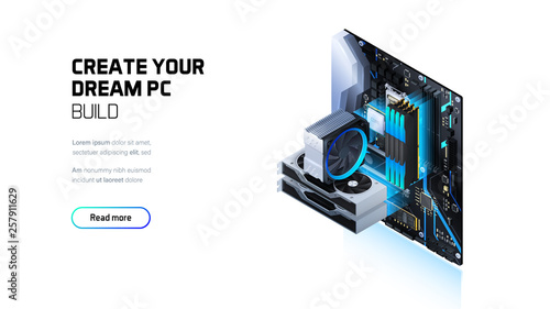 Gaming, workstation and mining computer isometric illustration, custom assembly computer components for workstation, pc store and service