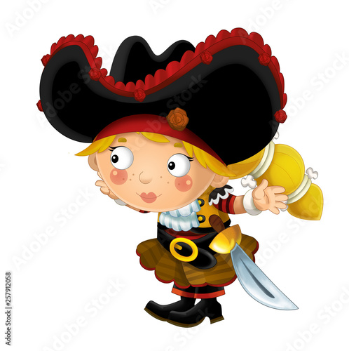 happy smiling cartoon medieval pirate woman standing smiling with sword on white background - illustration for children