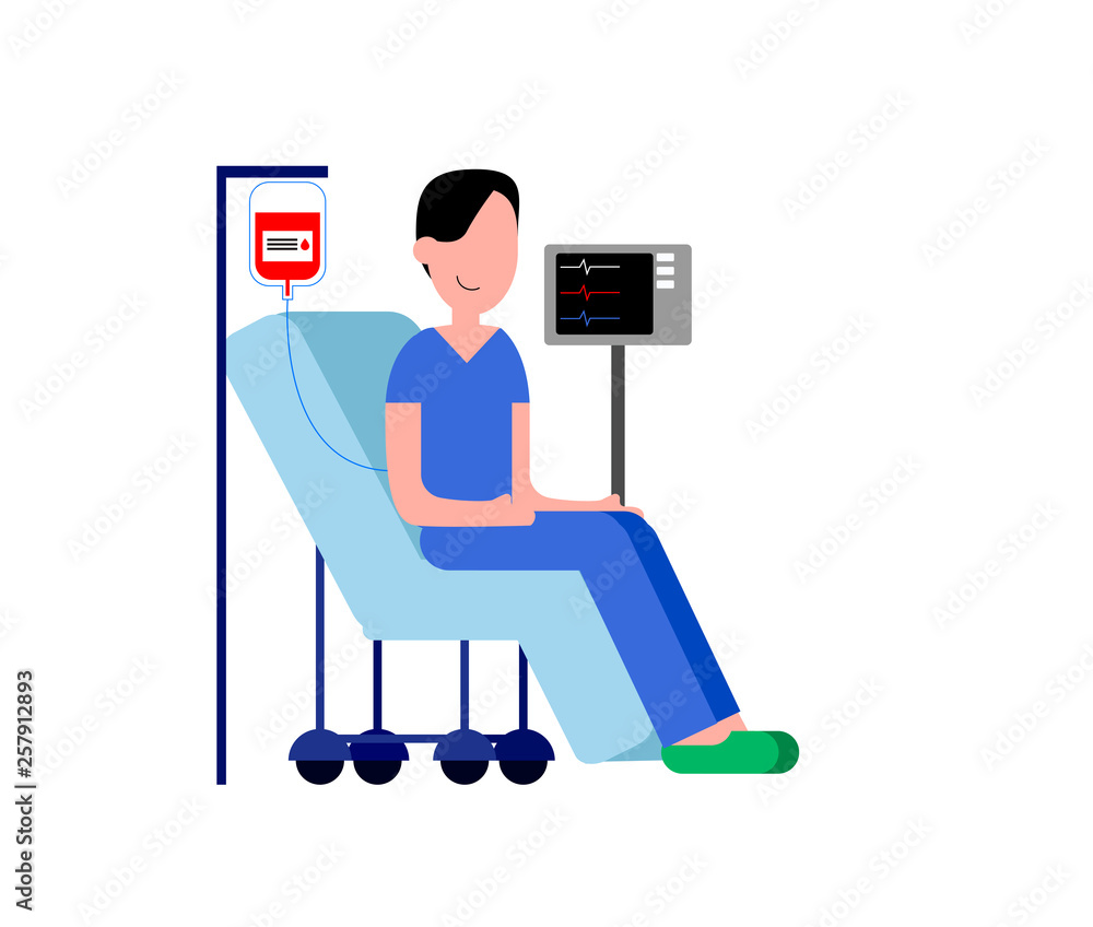 Flat vector illustration of a person in a chair receiving a blood donation Flat vector illustration of a person in a chair receiving a blood donation