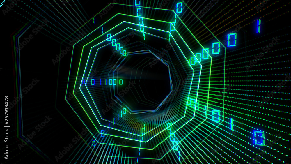 Futuristic binary digital data flow 3D illustration. Technology cyberspace tunnel with information stream. Internet, blockchain and computer network concept in 4K Futuristic binary digital data flow 3D illustration. Technology cyberspace tunnel with information stream. Internet, blockchain and computer network concept in 4K