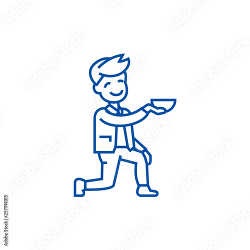 Man get on one knee line concept icon. Man get on one knee flat  vector website sign, outline symbol, illustration.