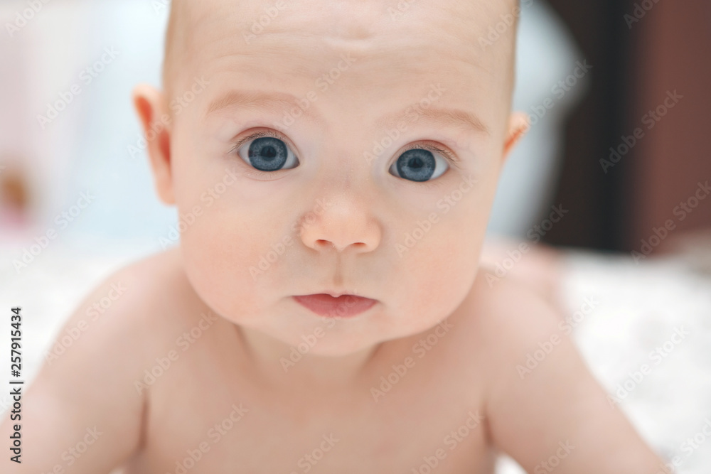 Beautiful five-month blue-eyed baby baby girl lying on her stomach, various emotions on her face. Infant look. Maternal care. Childcare. Close-up. Beautiful five-month blue-eyed baby baby girl lying on her stomach, various emotions on her face. Infant look. Maternal care. Childcare. Close-up.