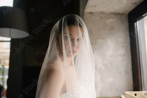 Bride posing close up in a veil Fototapeta