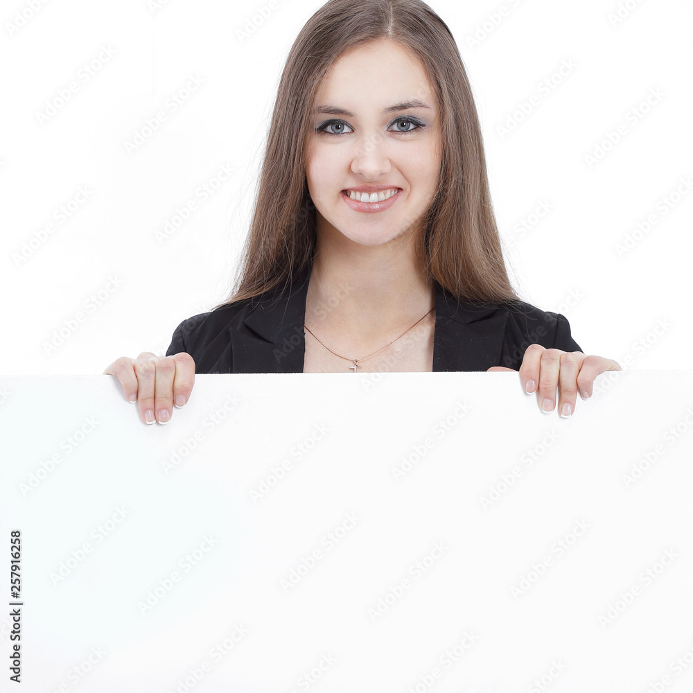 young business woman showing blank poster. isolated on a white young business woman showing blank poster. isolated on a white