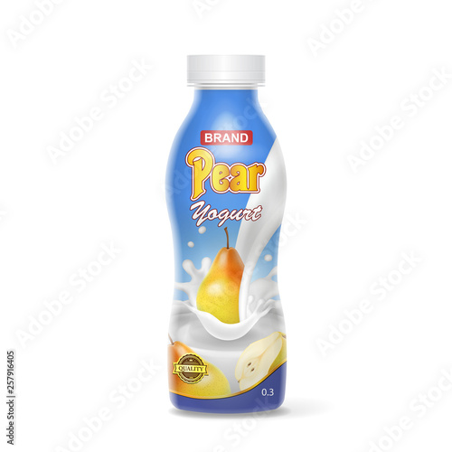 Pear yogurt plastic bottle. Yellow pear fruit floating in cream