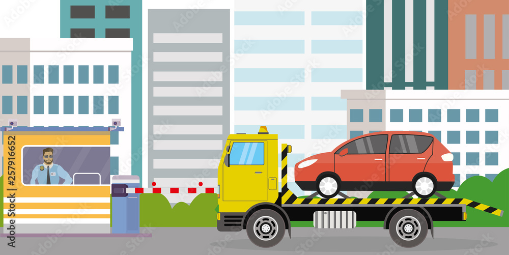 Tow truck with red car on platform,Guardhouse and security guard, Tow truck with red car on platform,Guardhouse and security guard,