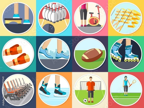 Sport life stile infographic with gym device, equipment and items. Training apparatus on a flat design style. Vector illustration workout concept icons set