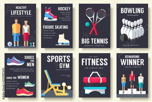 Sport information cards set. Lifestyle template of flyear, magazines, posters, book cover, banners. Physical athletic infographic concept  background. Layout illustrations modern pages with typography