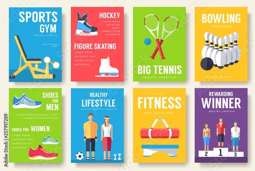 Sport information cards set. Lifestyle template of flyear, magazines, posters, book cover, banners. Physical athletic infographic concept  background. Layout illustrations modern pages with typography