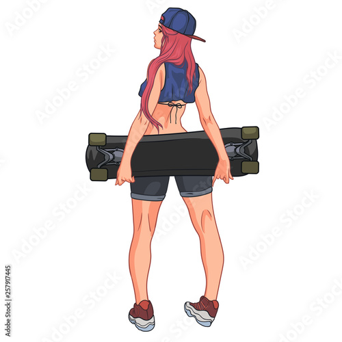 Hot young woman with pink hair and snapback is standing with a longboard