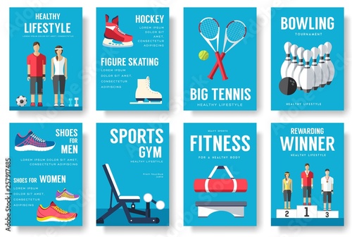 Sport information cards set. Lifestyle template of flyear, magazines, posters, book cover, banners. Physical athletic infographic concept  background. Layout illustrations modern pages with typography