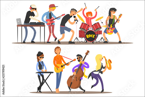 Music band performing on stage, musicians singing and playing music instruments cartoon vector Illustration on a white background