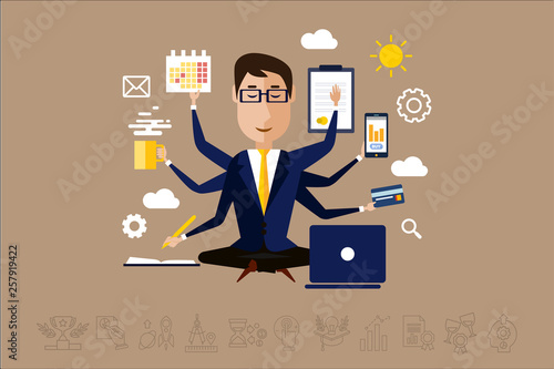 Multitasking businessman with many hands, time management concept vector Illustration in flat style