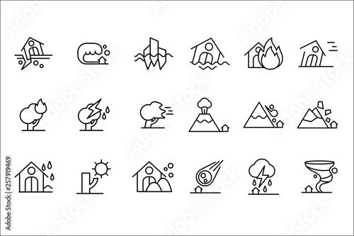 Natural disaster icon set, storm, flood, volcanic eruption, tornado, rockfall, fire, drought black line vector Illustrations