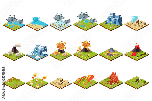 Natural disaster set, volcanic eruption, tornado, flood, fire, drought vector Illustrations on a white background