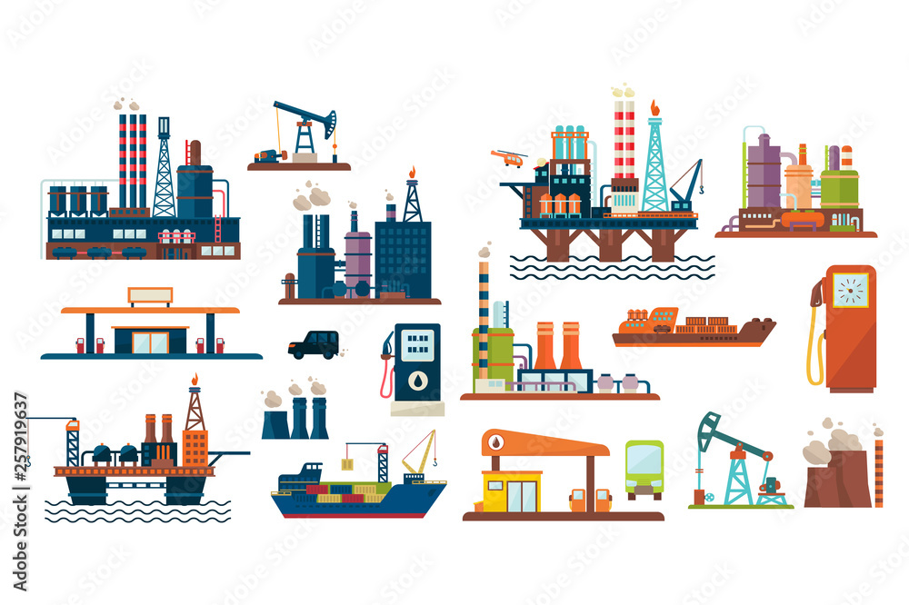 Oil industry set, extraction, refinery and transportation oil and petrol with gas station, vector Illustrations on a white background